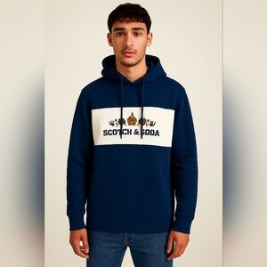 Scotch & Soda Amsterdam Relaxed Fit Fleece Colorblock Blue White Logo Hoodie L
